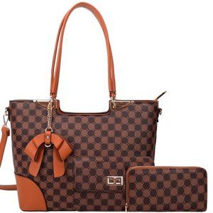 Bow Accent Monogram Print 3 in 1 Tote Wallet Set